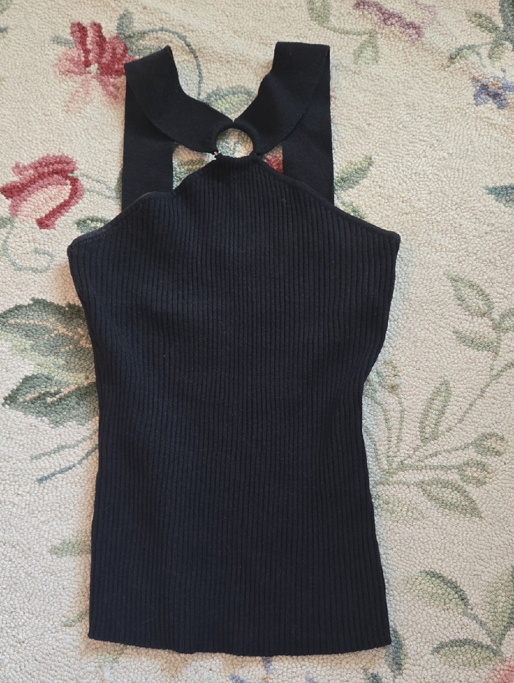 Belldini Black Ribbed Halter Tank with Ring Accent